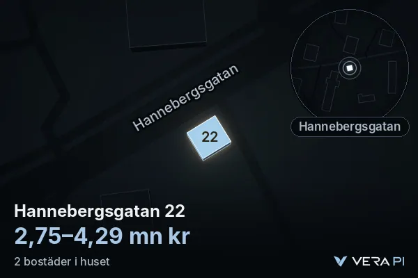 VERA PI's image of Hannebergsgatan 22: the building in 3D, lit in blue, and the map around it