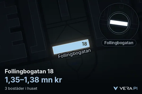VERA PI:s bild av Follingbogatan 18: huset i 3D, upplyst i blått, och kartan runt omkring