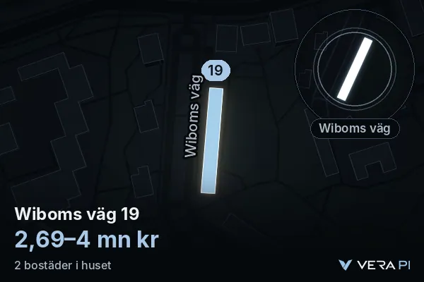 VERA PI's image of Wiboms väg 19: the building in 3D, lit in blue, and the map around it