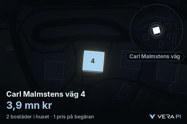 VERA PI's image of Carl Malmstens väg 4: the building in 3D, lit in blue, and the map around it