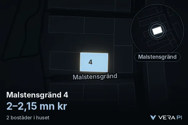 VERA PI's image of Malstensgränd 4: the building in 3D, lit in blue, and the map around it