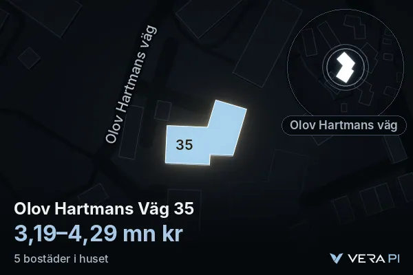 VERA PI:s bild av Olov Hartmans Väg 35: huset i 3D, upplyst i blått, och kartan runt omkring