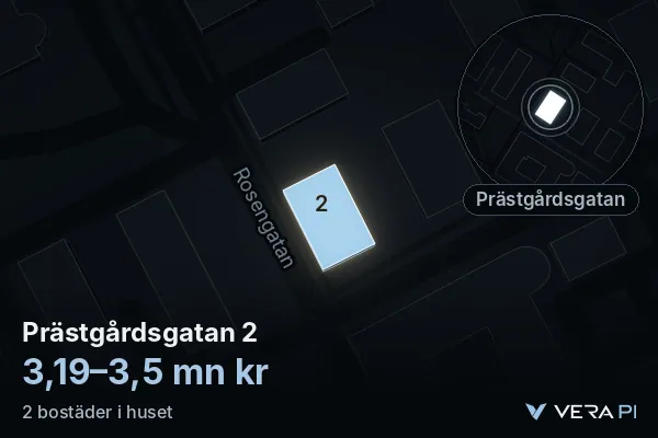 VERA PI:s bild av Prästgårdsgatan 2: huset i 3D, upplyst i blått, och kartan runt omkring