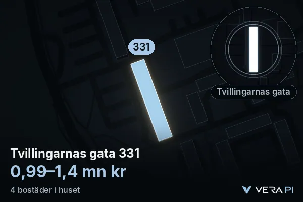 VERA PI:s bild av Tvillingarnas gata 331: huset i 3D, upplyst i blått, och kartan runt omkring