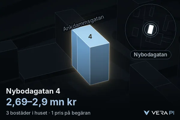 VERA PI's image of Nybodagatan 4: the building in 3D, lit in blue, and the map around it
