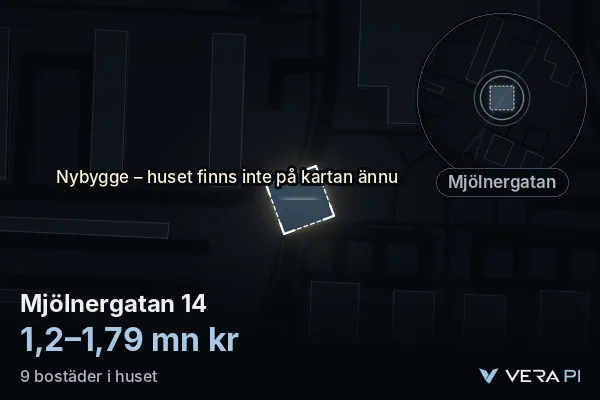 VERA PI:s bild av Mjölnergatan 14: huset i 3D, upplyst i blått, och kartan runt omkring