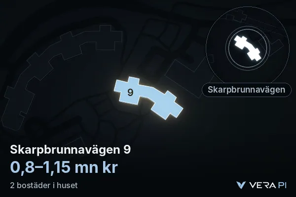 VERA PI's image of Skarpbrunnavägen 9: the building in 3D, lit in blue, and the map around it