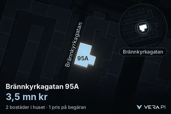VERA PI:s bild av Brännkyrkagatan 95A: huset i 3D, upplyst i blått, och kartan runt omkring
