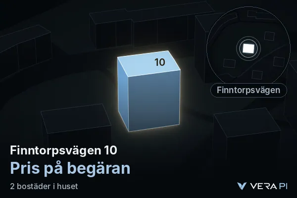 VERA PI:s bild av Finntorpsvägen 10: huset i 3D, upplyst i blått, och kartan runt omkring
