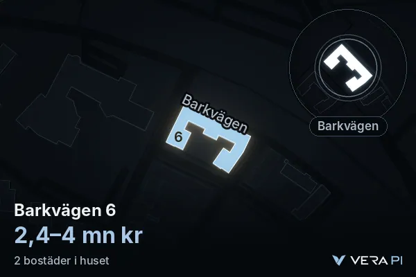 VERA PI:s bild av Barkvägen 6: huset i 3D, upplyst i blått, och kartan runt omkring