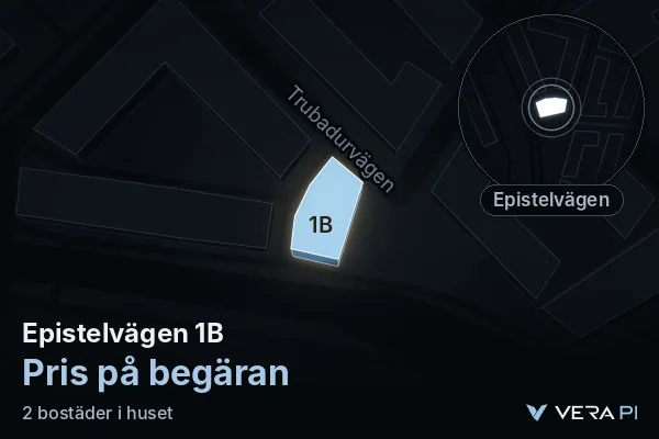 VERA PI's image of Epistelvägen 1B: the building in 3D, lit in blue, and the map around it
