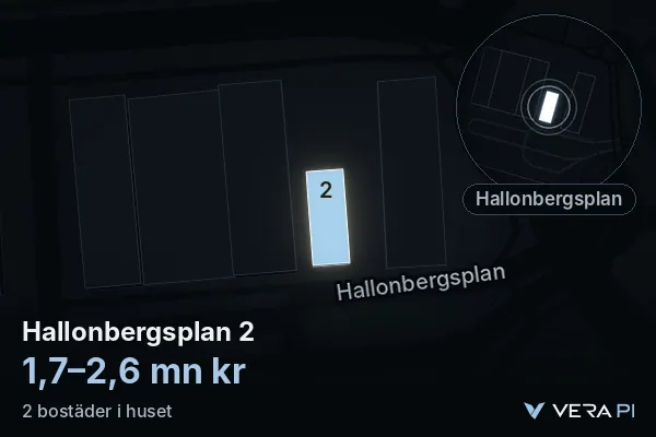 VERA PI:s bild av Hallonbergsplan 2: huset i 3D, upplyst i blått, och kartan runt omkring