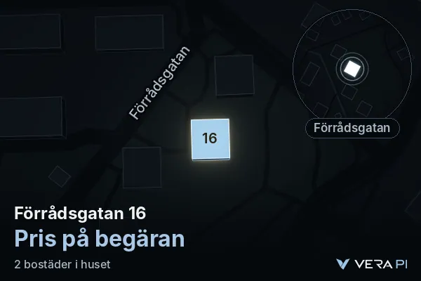 VERA PI's image of Förrådsgatan 16: the building in 3D, lit in blue, and the map around it
