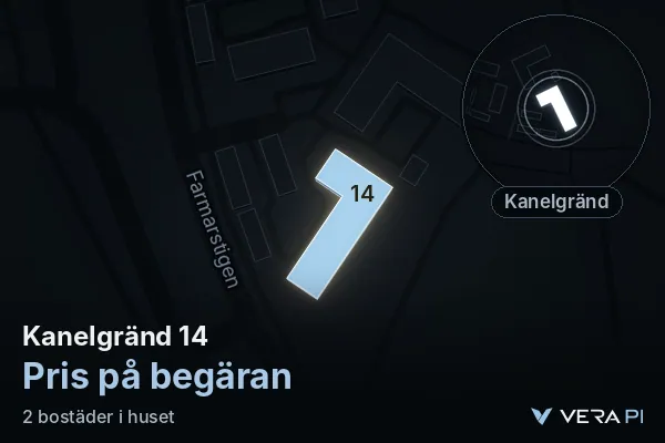 VERA PI's image of Kanelgränd 14: the building in 3D, lit in blue, and the map around it