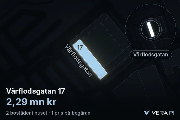 VERA PI's image of Vårflodsgatan 17: the building in 3D, lit in blue, and the map around it