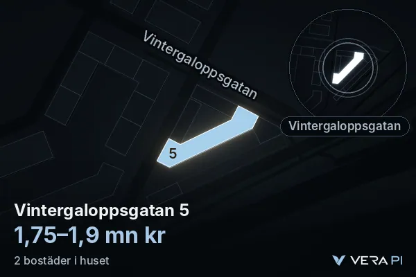 VERA PI:s bild av Vintergaloppsgatan 5: huset i 3D, upplyst i blått, och kartan runt omkring