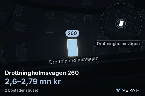 VERA PI:s bild av Drottningholmsvägen 260: huset i 3D, upplyst i blått, och kartan runt omkring