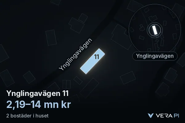 VERA PI's image of Ynglingavägen 11: the building in 3D, lit in blue, and the map around it
