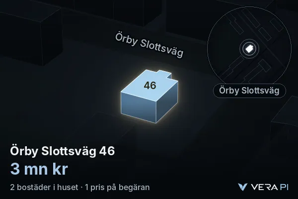 VERA PI's image of Örby Slottsväg 46: the building in 3D, lit in blue, and the map around it
