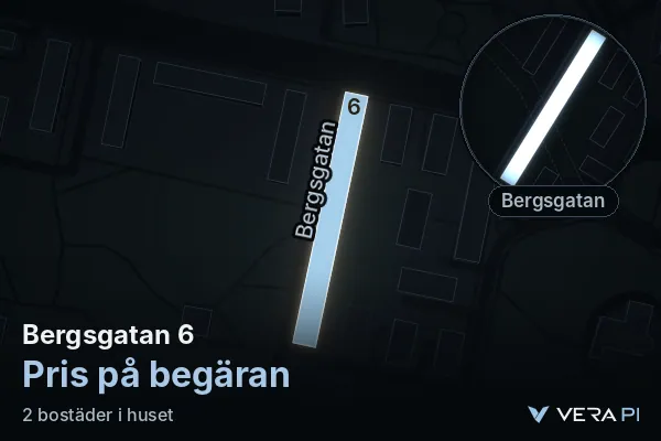VERA PI's image of Bergsgatan 6: the building in 3D, lit in blue, and the map around it