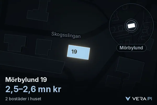 VERA PI's image of Mörbylund 19: the building in 3D, lit in blue, and the map around it