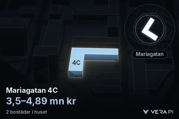 VERA PI's image of Mariagatan 4C: the building in 3D, lit in blue, and the map around it