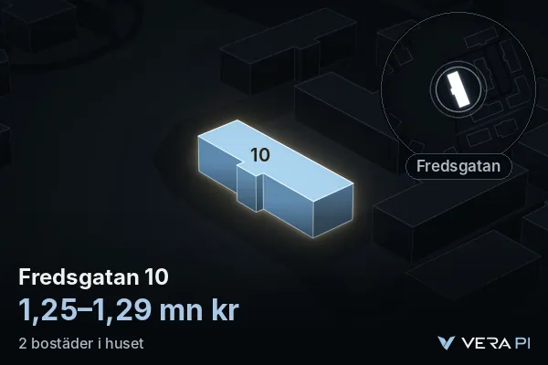 VERA PI:s bild av Fredsgatan 10: huset i 3D, upplyst i blått, och kartan runt omkring