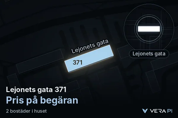 VERA PI:s bild av Lejonets gata 371: huset i 3D, upplyst i blått, och kartan runt omkring