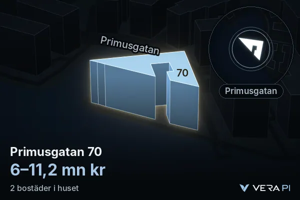 VERA PI:s bild av Primusgatan 70: huset i 3D, upplyst i blått, och kartan runt omkring