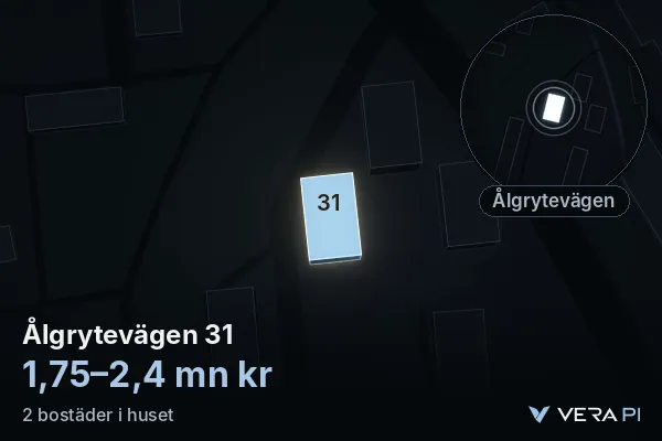 VERA PI:s bild av Ålgrytevägen 31: huset i 3D, upplyst i blått, och kartan runt omkring