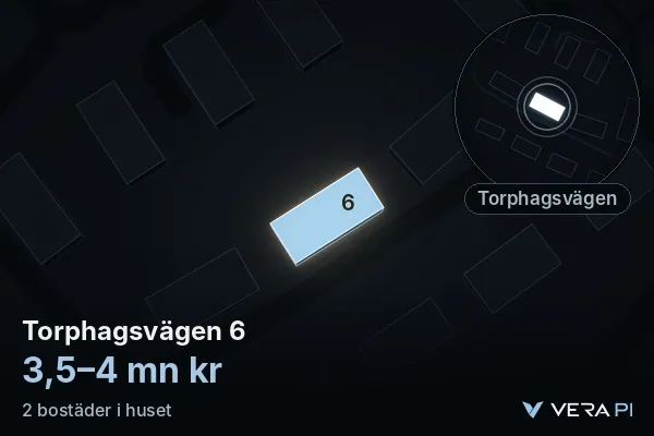 VERA PI:s bild av Torphagsvägen 6: huset i 3D, upplyst i blått, och kartan runt omkring