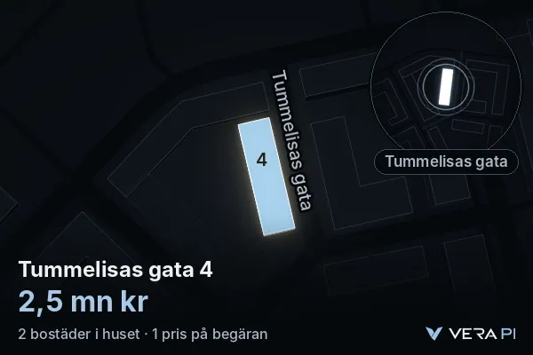 VERA PI:s bild av Tummelisas gata 4: huset i 3D, upplyst i blått, och kartan runt omkring