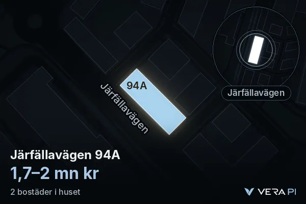 VERA PI's image of Järfällavägen 94A: the building in 3D, lit in blue, and the map around it