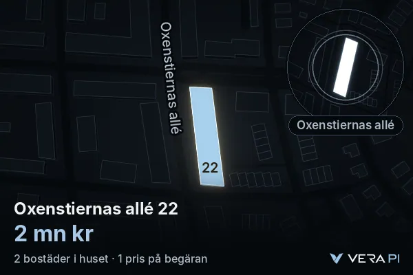 VERA PI:s bild av Oxenstiernas allé 22: huset i 3D, upplyst i blått, och kartan runt omkring