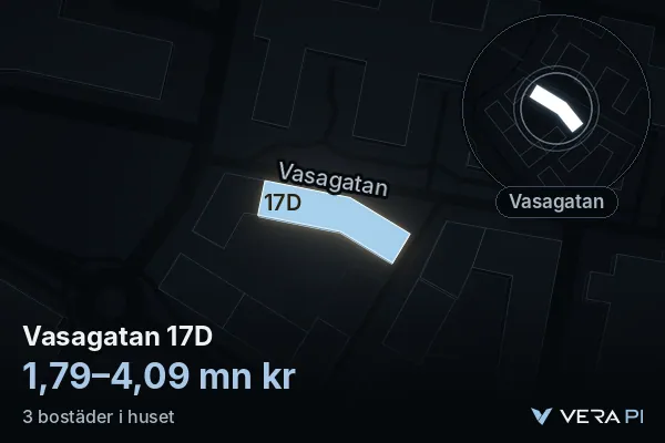 VERA PI:s bild av Vasagatan 17D: huset i 3D, upplyst i blått, och kartan runt omkring