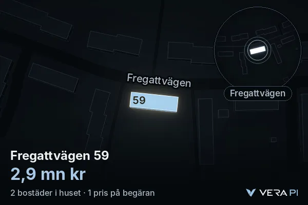 VERA PI:s bild av Fregattvägen 59: huset i 3D, upplyst i blått, och kartan runt omkring