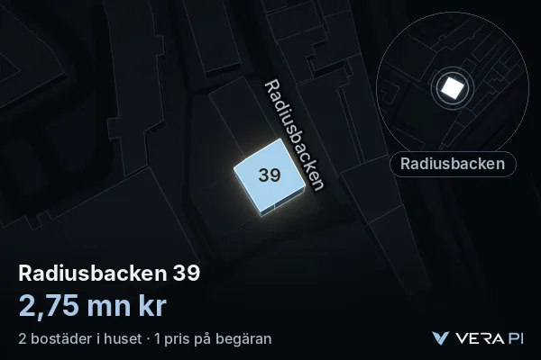 VERA PI's image of Radiusbacken 39: the building in 3D, lit in blue, and the map around it