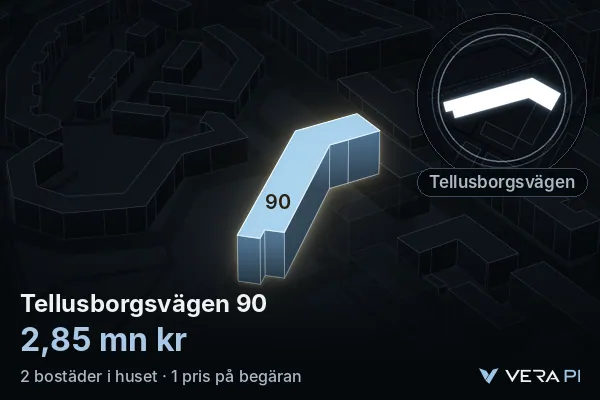 VERA PI's image of Tellusborgsvägen 90: the building in 3D, lit in blue, and the map around it