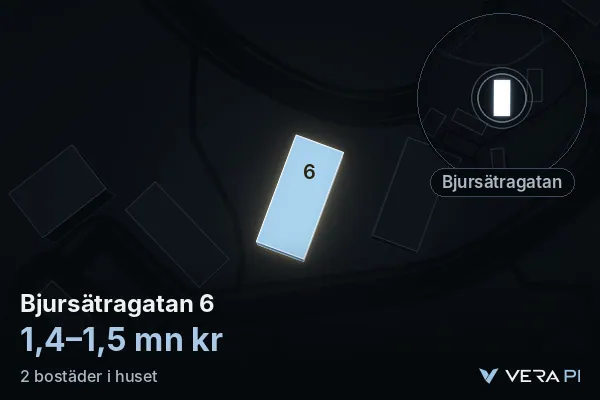 VERA PI's image of Bjursätragatan 6: the building in 3D, lit in blue, and the map around it