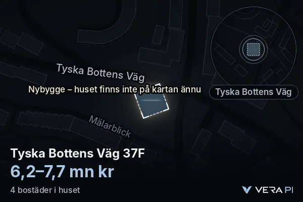 VERA PI:s bild av Tyska Bottens Väg 37F: huset i 3D, upplyst i blått, och kartan runt omkring