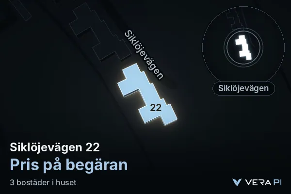 VERA PI:s bild av Siklöjevägen 22: huset i 3D, upplyst i blått, och kartan runt omkring