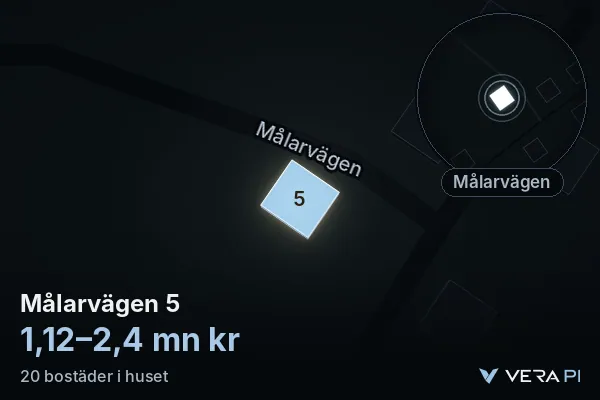 VERA PI's image of Målarvägen 5: the building in 3D, lit in blue, and the map around it