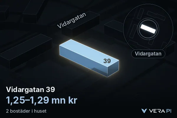 VERA PI:s bild av Vidargatan 39: huset i 3D, upplyst i blått, och kartan runt omkring