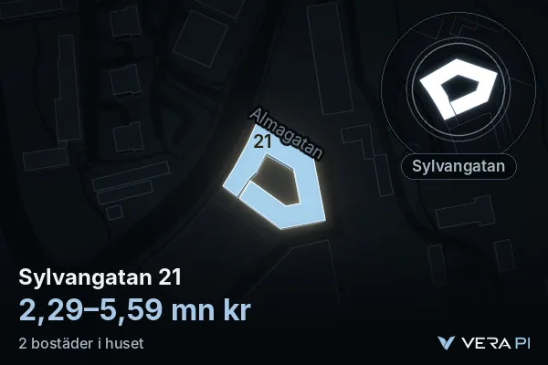 VERA PI's image of Sylvangatan 21: the building in 3D, lit in blue, and the map around it