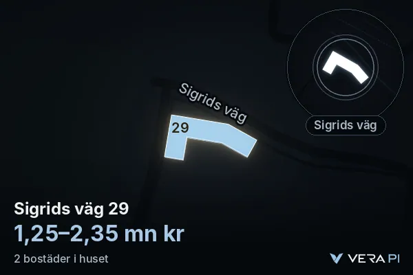 VERA PI:s bild av Sigrids väg 29: huset i 3D, upplyst i blått, och kartan runt omkring