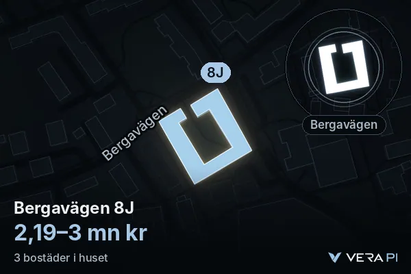 VERA PI:s bild av Bergavägen 8J: huset i 3D, upplyst i blått, och kartan runt omkring