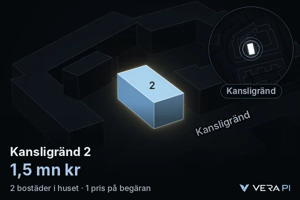 VERA PI:s bild av Kansligränd 2: huset i 3D, upplyst i blått, och kartan runt omkring