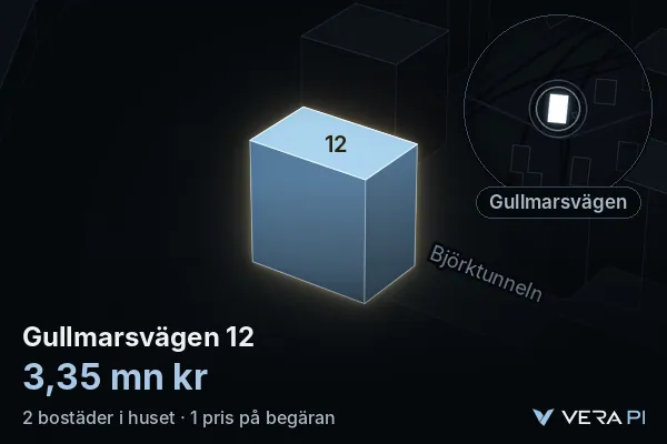 VERA PI's image of Gullmarsvägen 12: the building in 3D, lit in blue, and the map around it