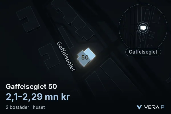 VERA PI:s bild av Gaffelseglet 50: huset i 3D, upplyst i blått, och kartan runt omkring