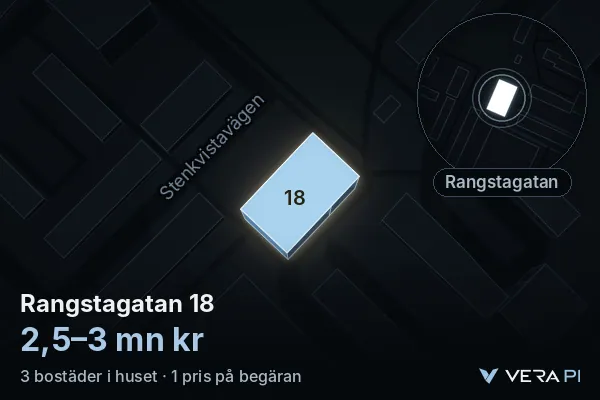 VERA PI:s bild av Rangstagatan 18: huset i 3D, upplyst i blått, och kartan runt omkring